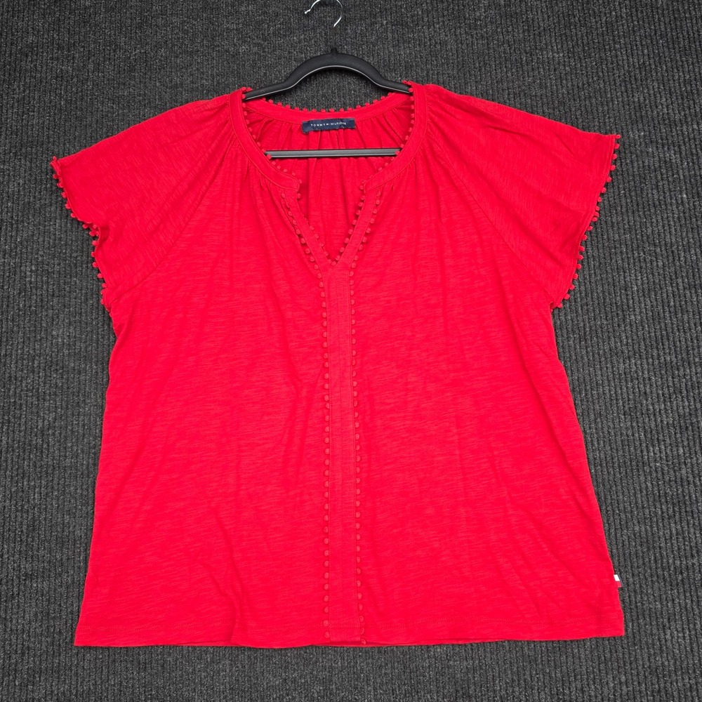 Tommy Hilfiger Red Cotton Pom Pom Trim Split Neck Top Size XL